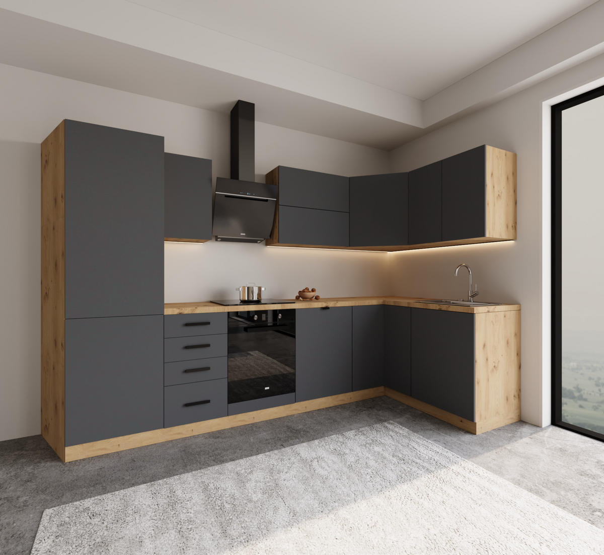WINKELKÜCHE 300 cm x 140 cm- Langen KL6-M300 - in Grau/Matt - Schwarz/Grau, Holz/Holzwerkstoff (440/212/58cm)
