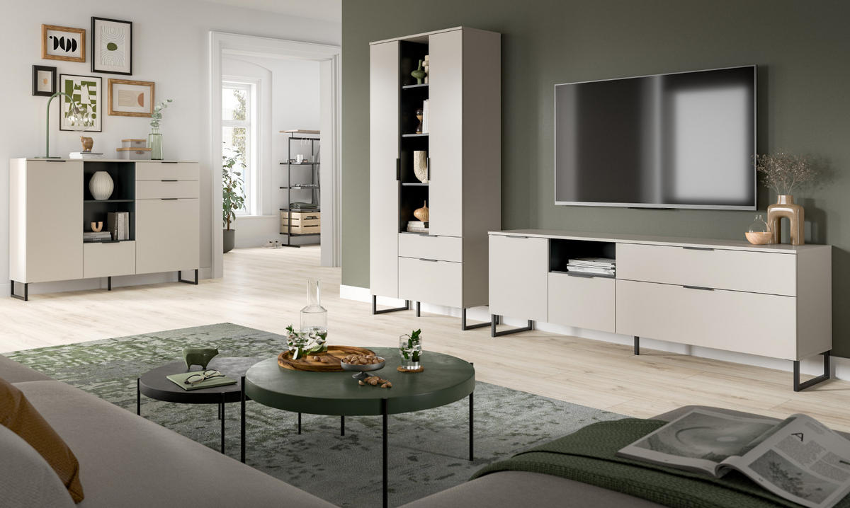 WOHNWAND kaschmir, schwarz 290 cm, Wohnkombination mit Soft-Close - Kaschmir/Schwarz, Holzwerkstoff/Kunststoff (290/192/41cm) - Inn.Furn