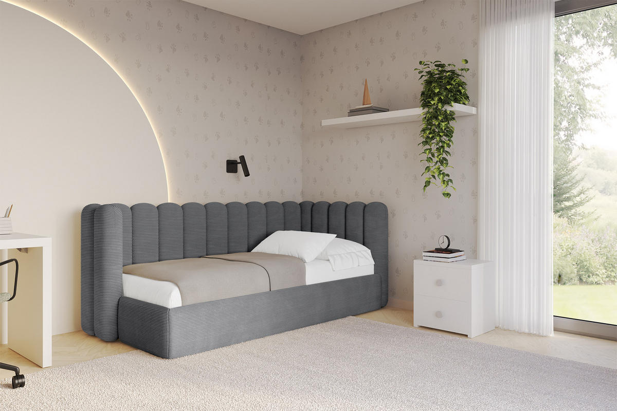 EINZELLBETT Jugendbett mit Bettkasten und Matratze H3/H4, Links - HUGY 100x200 Dunkelgrau - Graphitfarben, Holzwerkstoff/Textil (100/200cm) - ALTDECOR
