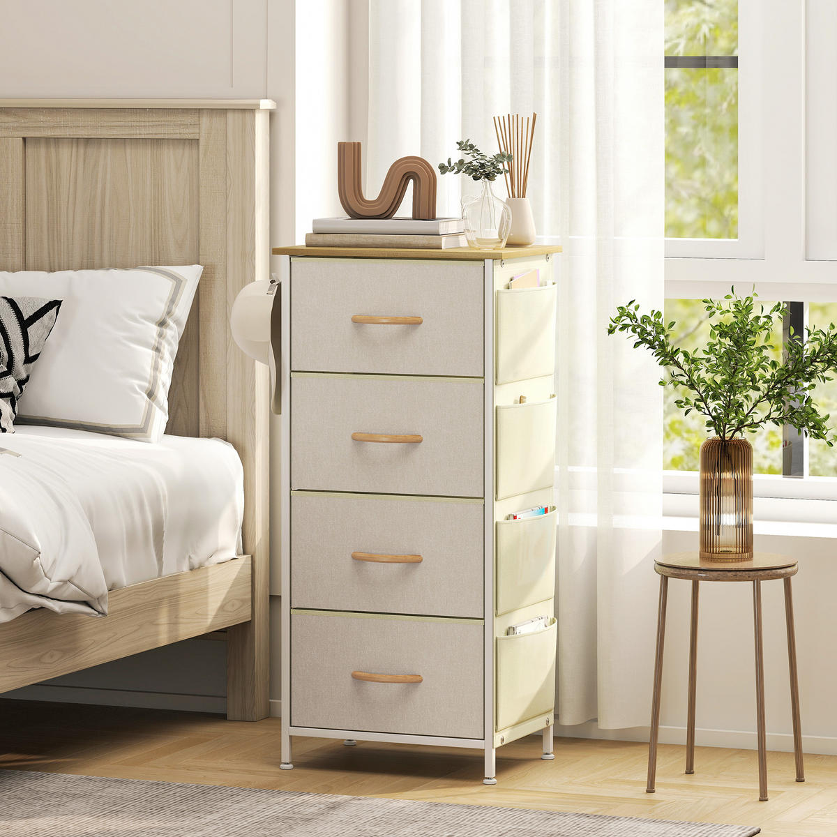 KOMMODE DE-12483 4 Schubladen mit Seitentaschen und Haken 45/30/94,5 cm Beige - Beige, Metall (45/94.5/30cm) - ComfortXL