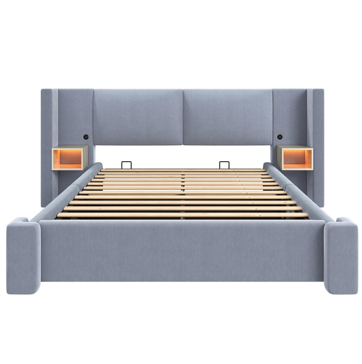POLSTERBETT aus Leinen und MDF 140x200 cm Grau mit LED-Nachttischen, Staufächern und Hydraulikfunktion - Grau, Textil (140/200cm) - Modfu