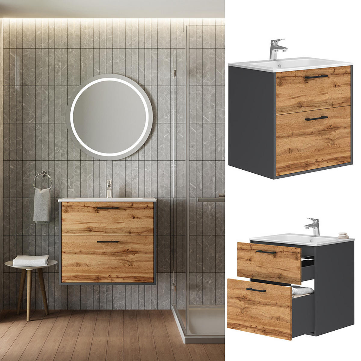 WASCHBECKENUNTERSCHRANK Lanco Anthrazit/Goldkraft Eiche 61 x 61.5 cm mit Waschbecken - Honigeiche/Anthrazit, Holzwerkstoff (61/61.5/46.5cm) - Vicco