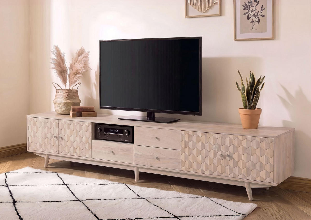 TV-BOARD Akazie 260x40x49 weiß lackiert MOSAYK #218 - Weiß, Holz (260/49/40cm) - Massivmoebel24