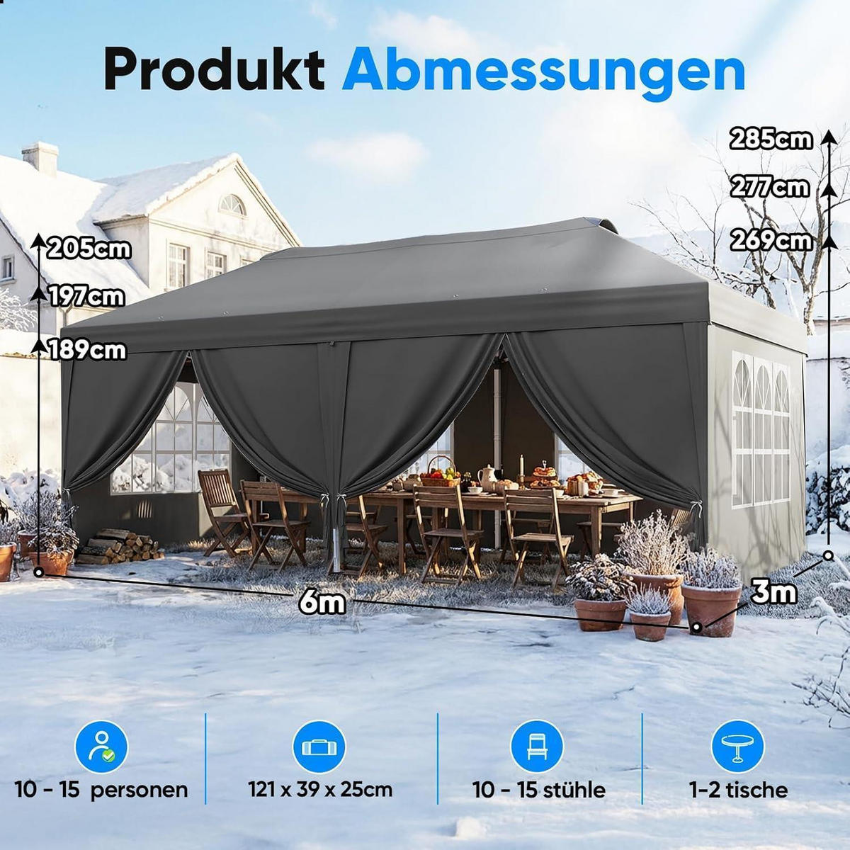 FALTPAVILLON 3x6m mit 6 Seitenwänden Grau Bogenfenster - Grau, Metall (585/285/293cm)
