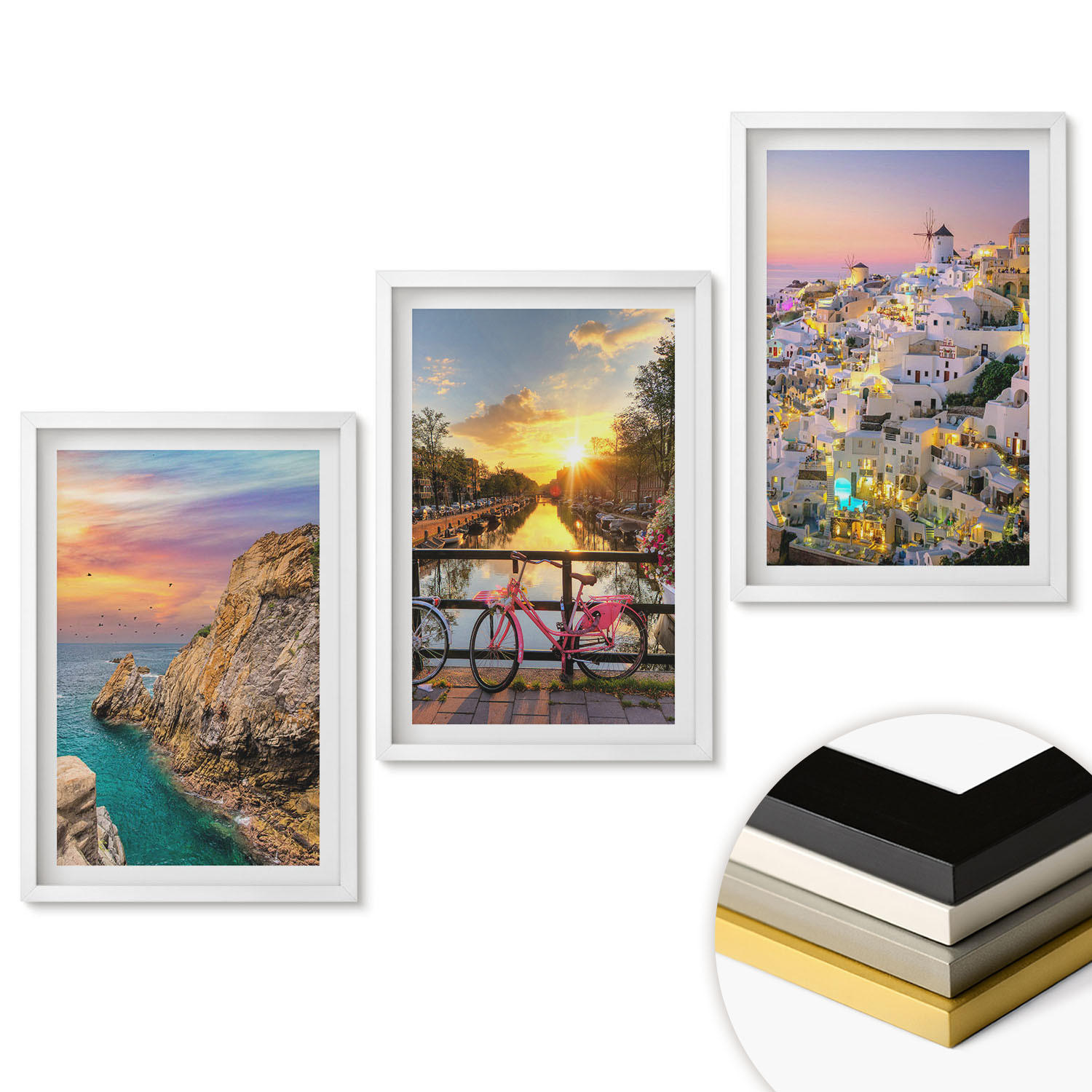 WANDBILDER 3er-Set - 40x60 cm Weißer Rahmen - Sonnenuntergang am Meer - Weiß, Kunststoff (40/60cm) - ArtPrintCave