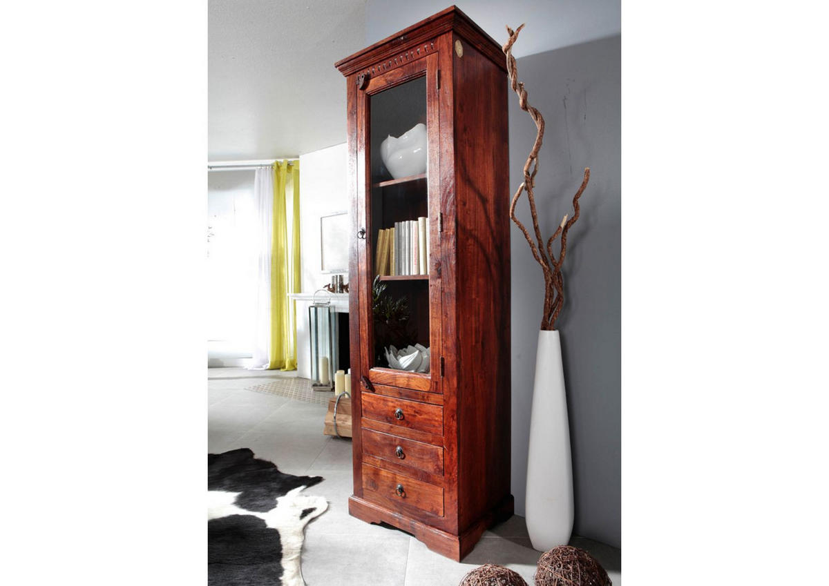 VITRINE Akazie 60x44x190 nougat lackiert OXFORD #528 - Dunkelbraun, Holz (60/190/44cm) - Massivmoebel24