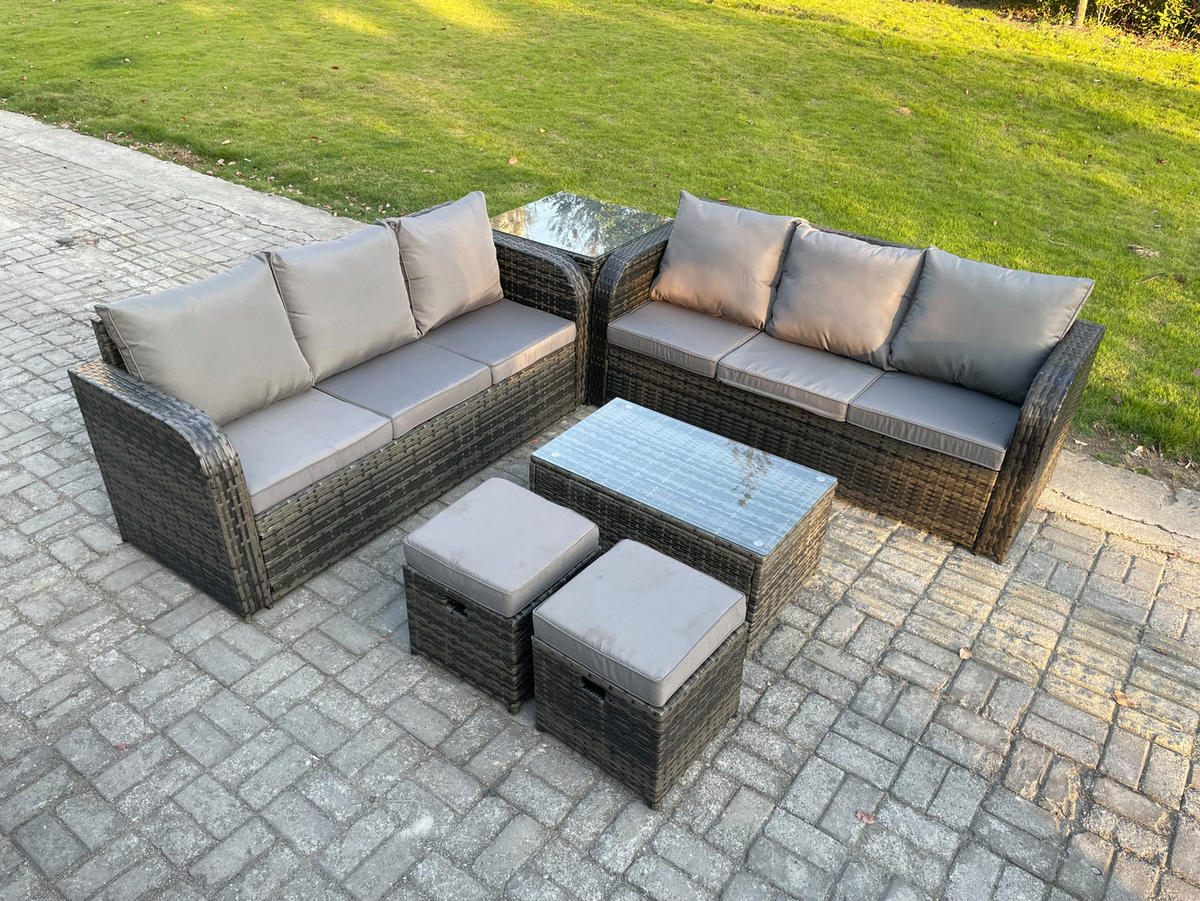 GARTENMÖBEL-SET mit Kissen Polyrattan Dunkelgrau 8-Sitzer - Dunkelgrau/Grau, Glas/Kunststoff - Fimous