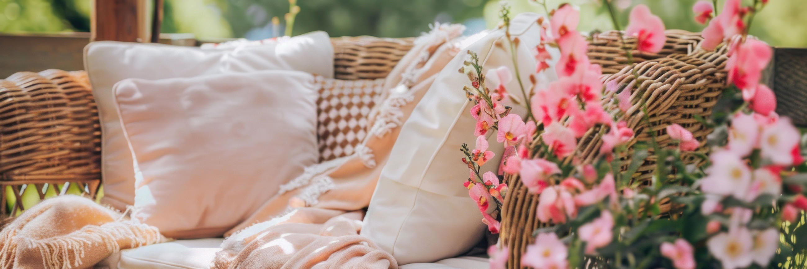 Ein bequemer Korbstuhl, dekoriert mit rosa Kissen und einer warmen Decke, ideal für entspannte Momente.