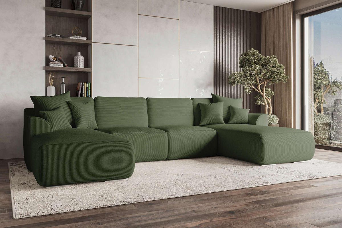 WOHNLANDSCHAFT Gusto Cordstoff Olivgrün inkl. Schlaffunktion - Chromfarben/Olivgrün, Kunststoff/Textil (306/96/194cm) - 99rooms