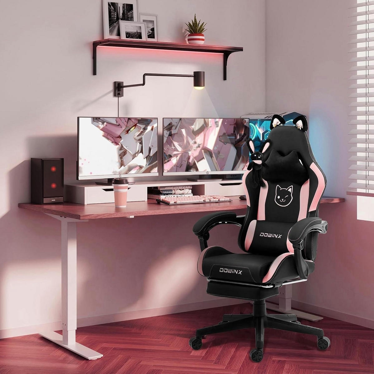 GAMING-STUHL mit Katzen-Edition und Fußstütze Schwarz/Pink - Pink, Kunststoff (83/22/57.5cm)