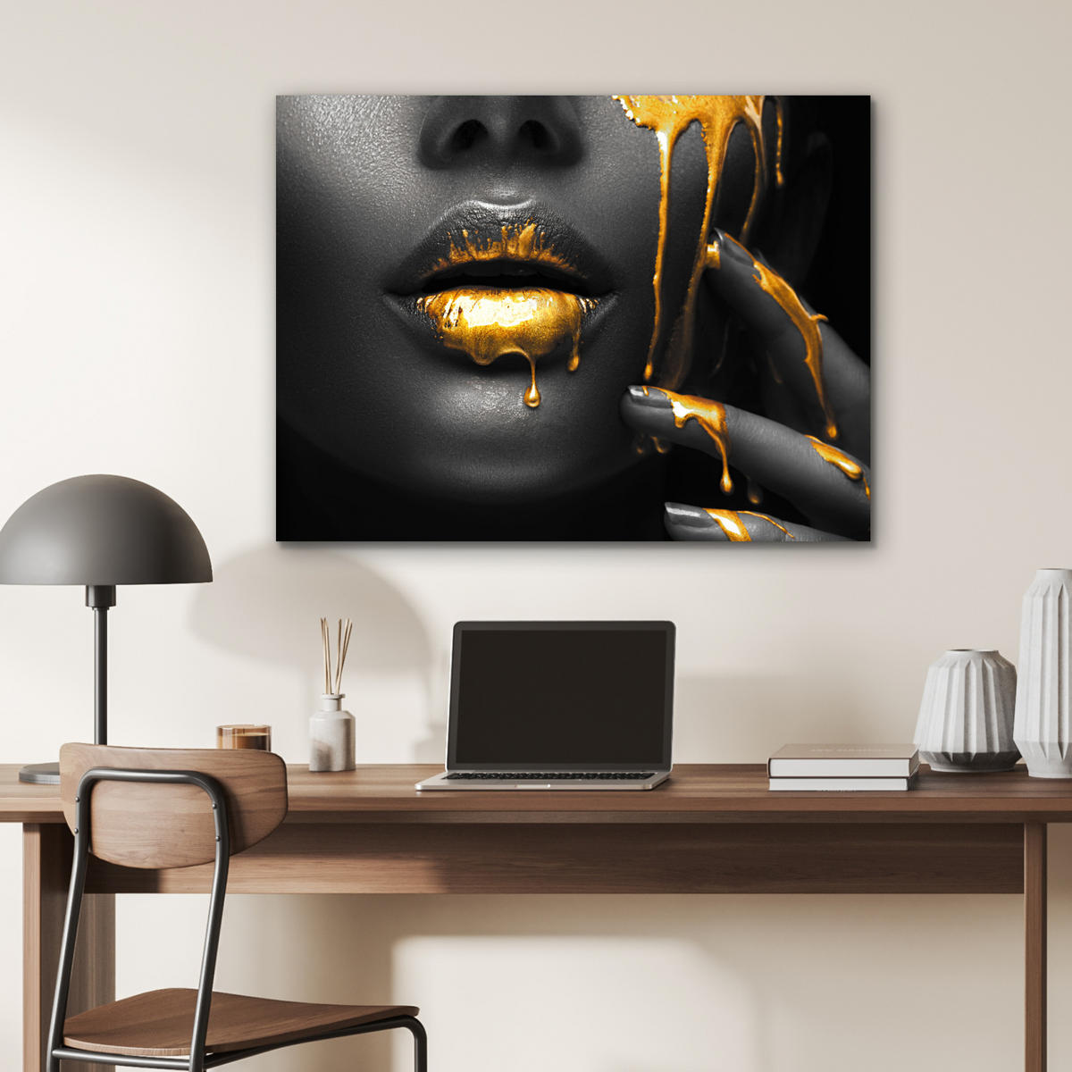 METALLBILD Frau - Schwarz - Gold - Gesicht - Lippen 80x60 cm - Goldfarben, Metall (80/60cm) - MuchoWow