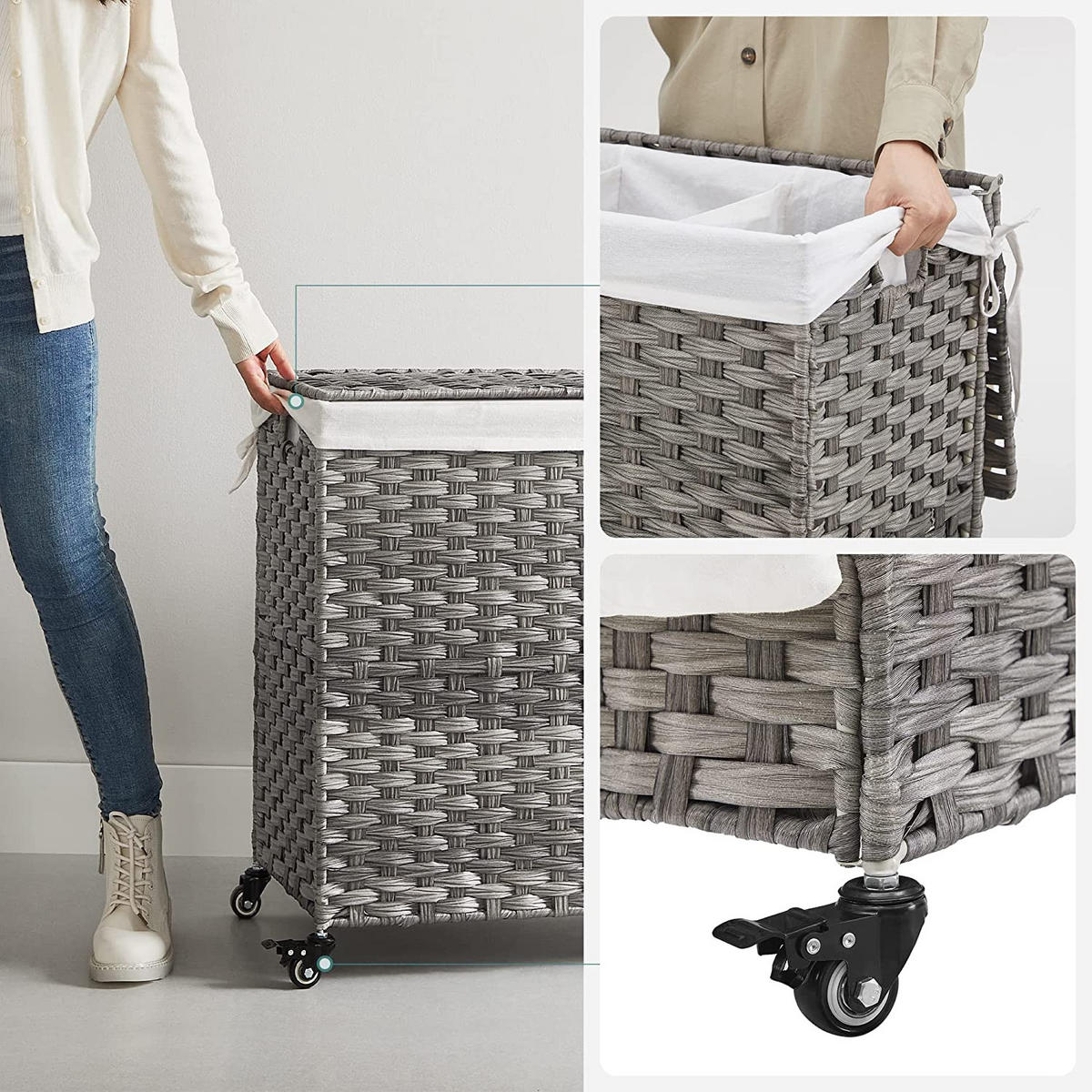 WÄSCHEKORB MIT ROLLEN - Grau, Kunststoff (33/60/66cm) - Hansiro
