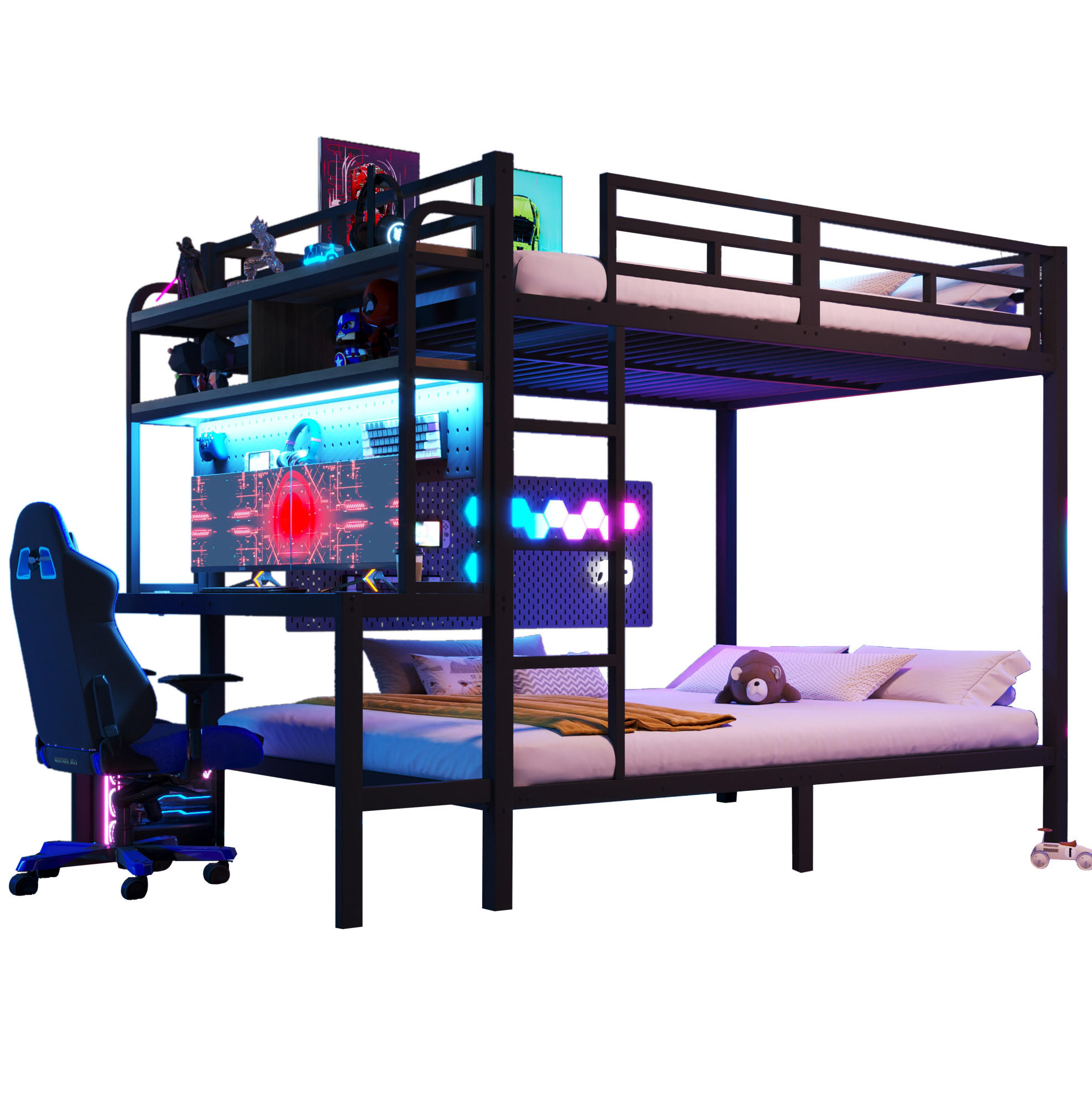 ETAGENBETT aus Metall und MDF 140x200 cm Schwarz mit Schreibtisch, Ablagefächern, LED-Lichtleiste und USB-Anschluss - Schwarz, Metall (140/200cm) - Modfu