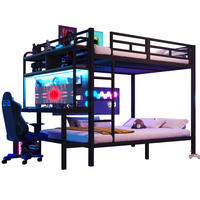 ETAGENBETT aus Metall und MDF 140x200 cm Schwarz mit Schreibtisch, Ablagefächern, LED-Lichtleiste und USB-Anschluss - Schwarz, Metall (140/200cm) - Modfu