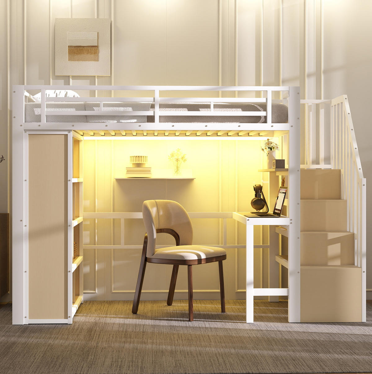 HOCHBETT 90/200 cm Weiß mit Schreibtisch, Stauraumtreppe und LED-Beleuchtung - Weiß, Metall (90/200cm) - Flora Grace