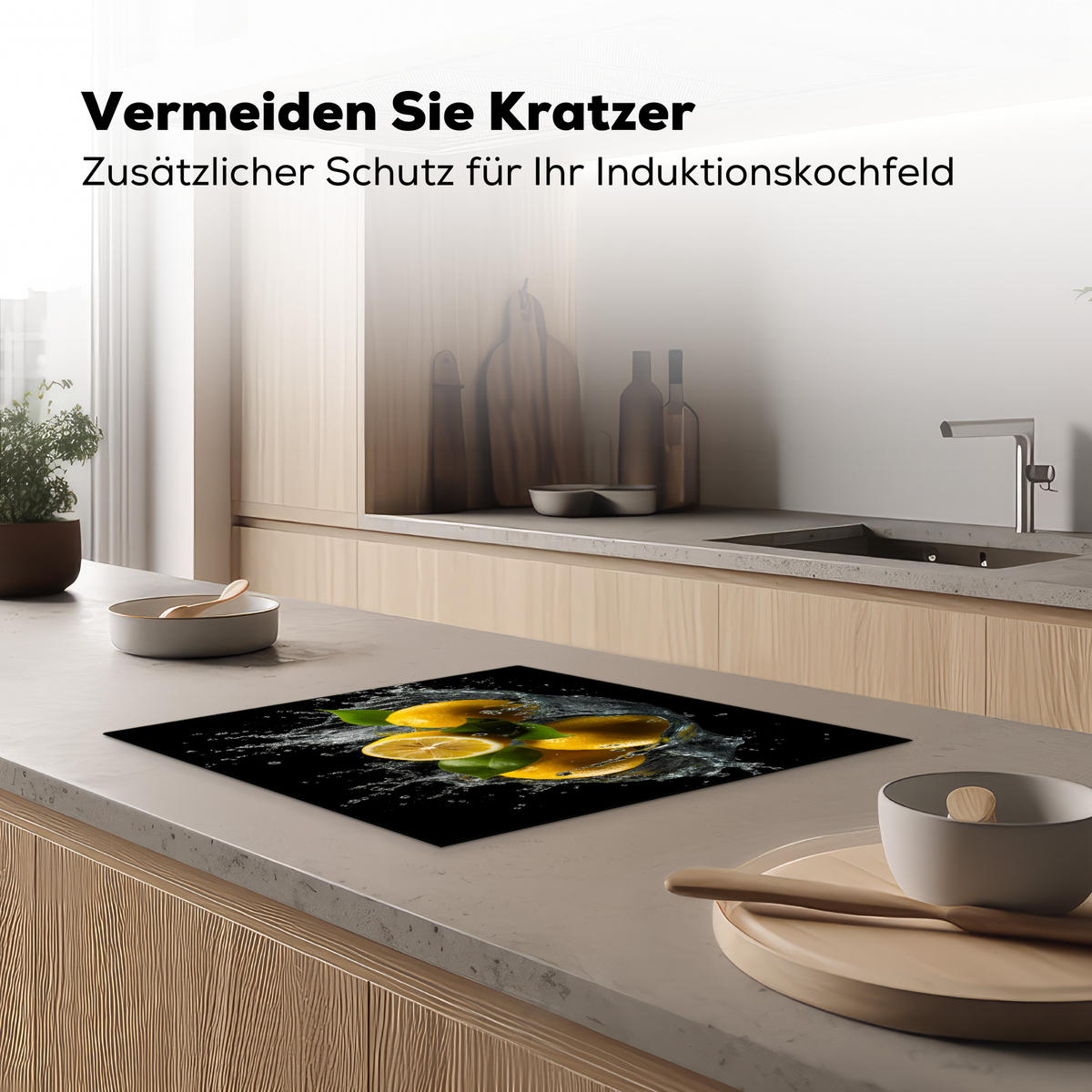 HERDABDECKPLATTE Zitrone - Obst - Gelb - Schwarz 57x51 cm - Gelb, Kunststoff (57.6/51.6/0.2cm) - MuchoWow