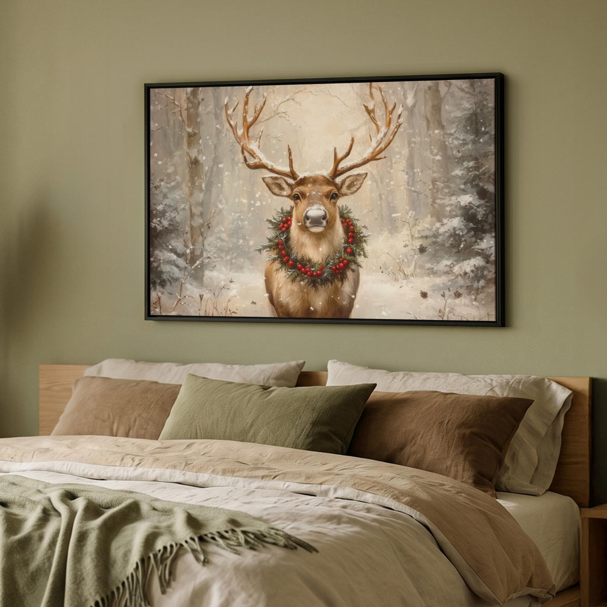 LEINWAND Bilder mit Rahmen - Weihnachten - Rentier - Winter - Kranz - 90x60 - Naturfarben, Textil (90/60cm) - MuchoWow