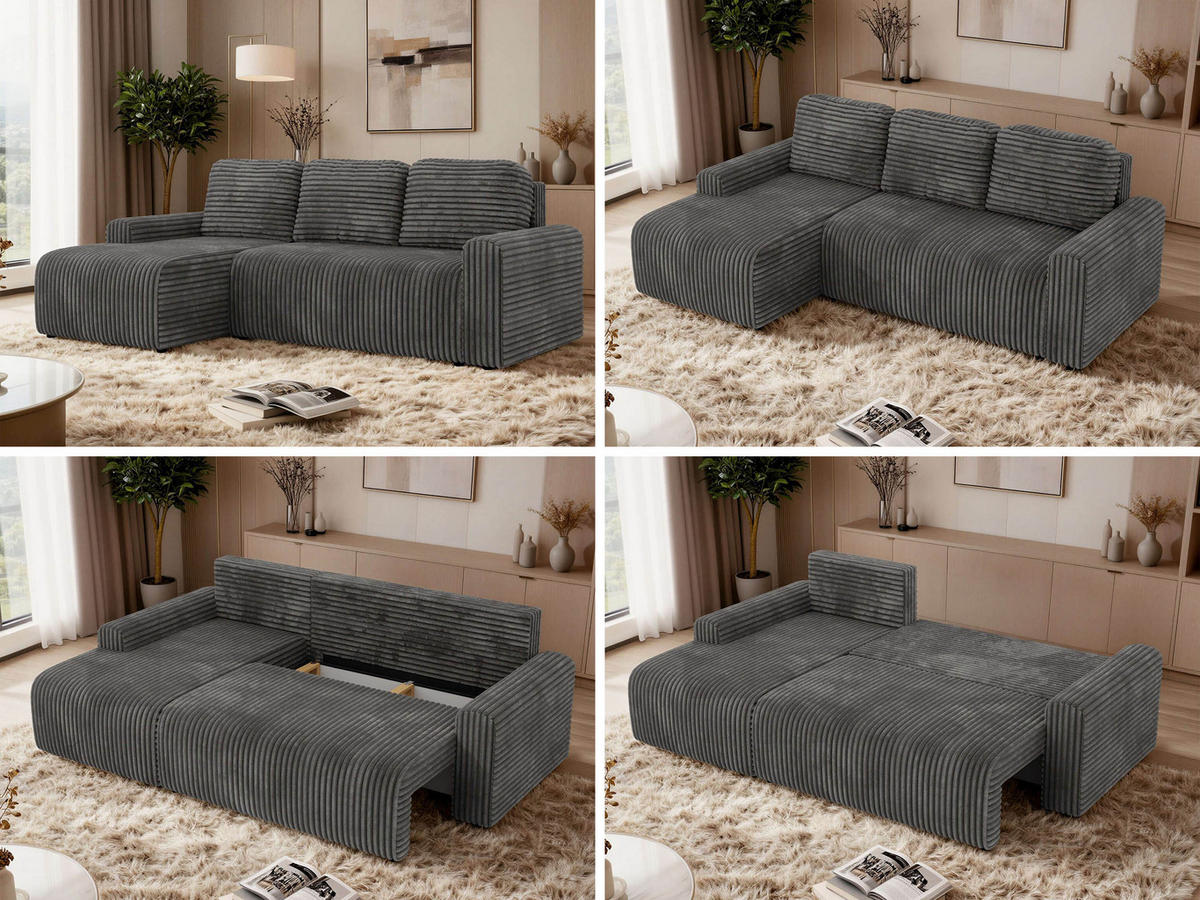 ECKSOFA NESSARO L Grau Cord - Links Seite - Schwarz/Grau, Kunststoff/Textil (244/151cm) - MKS