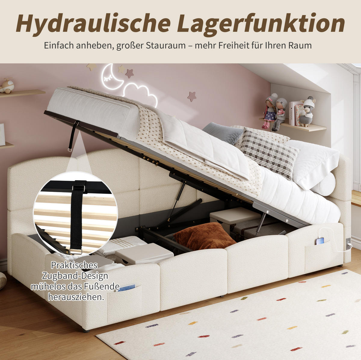 POLSTERBETT 90/200 cm mit hydraulischem Stauraum, USB-A/USB-C, Stautaschen und Bouclé-Bezug, Beige - Beige, Textil (90/200cm) - Redom