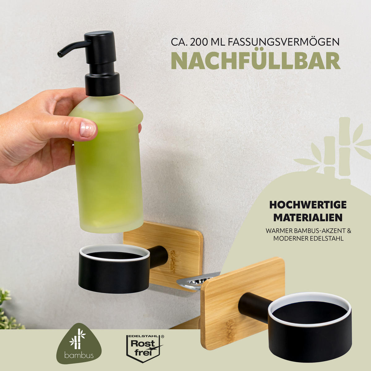 SEIFENSPENDER PIAZZA BLACK TAPE BAMBUS, Edelstahl, Bambus, schwarz - Schwarz, Naturmaterialen (9/18/13.5cm) - bremermann