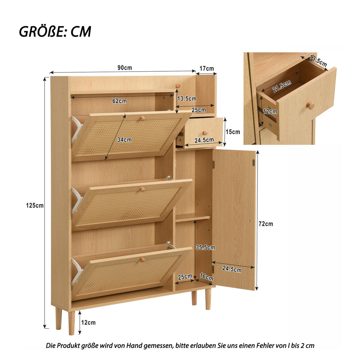 SCHUHSCHRANK aus MDF 90x125x17cm in Natur mit 3 Klapptüren & Schublade - Naturfarben, Holzwerkstoff (90/125/17cm) - Modfu
