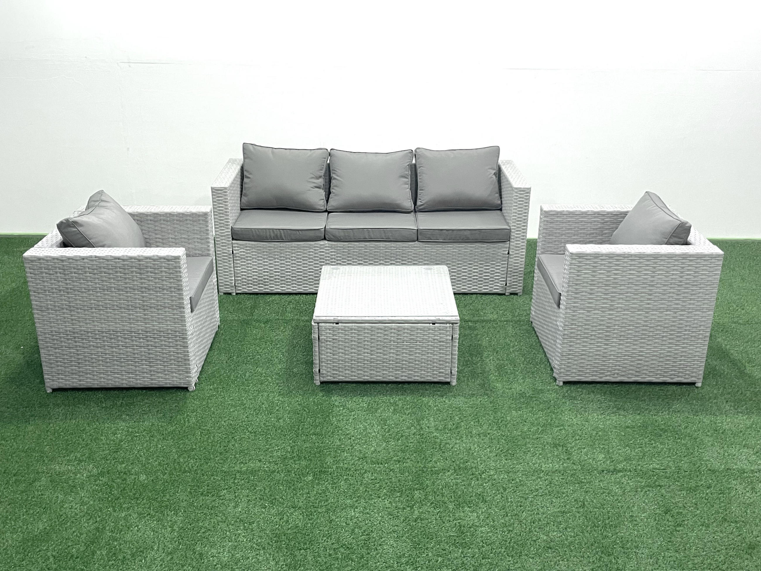 GARTENMÖBEL-SET mit Kissen Polyrattan Hellgrau-Mix 5-Sitzer - Hellgrau/Grau, Glas/Kunststoff - Fimous