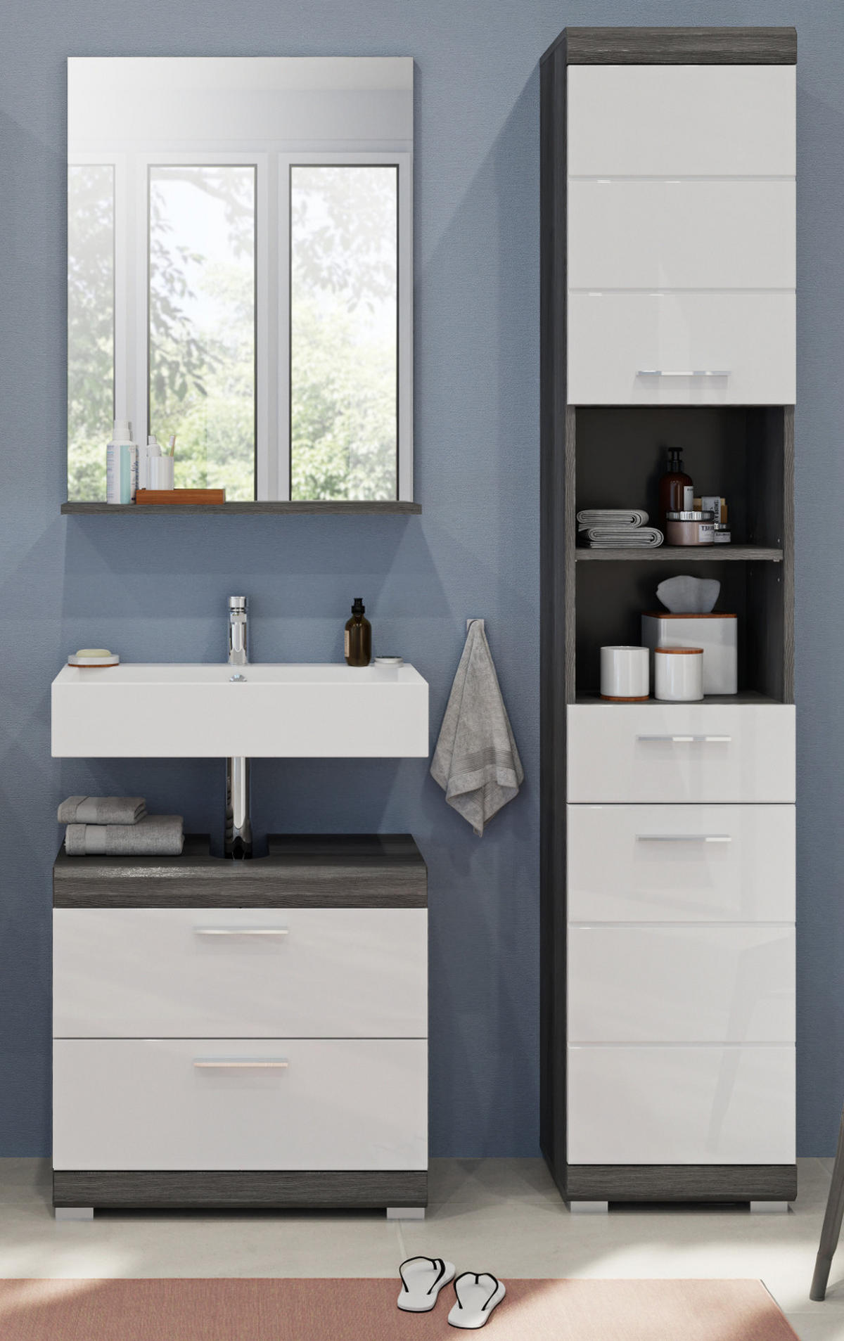 BADMÖBEL-SET weiß Hochglanz, grau 3-teilig 112 cm, Kombination mit viel Stauraum - Weiß Hochglanz/Grau, Holzwerkstoff (112/191/34cm) - Inn.Furn