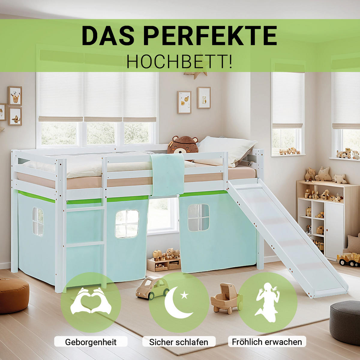 HOCHBETT 90/200 cm in weiß Lattenrost Rutsche Bettvorhang Grün - Weiß/Grün, Holz/Textil (90/200cm) - Homestyle4u