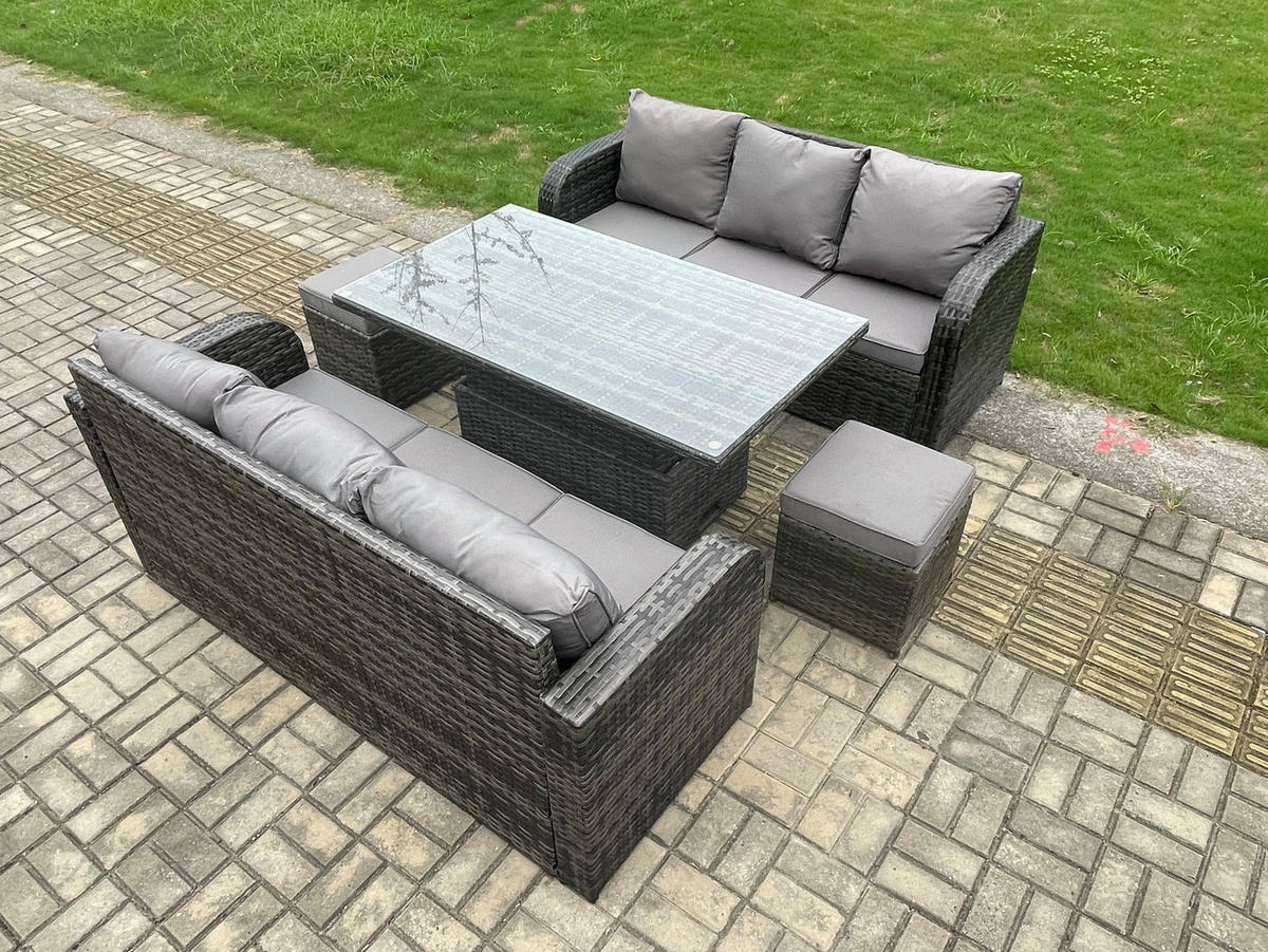 GARTENSOFA SET Polyrattan 8-Sitzer - Dunkelgrau/Grau, Glas/Kunststoff - Fimous