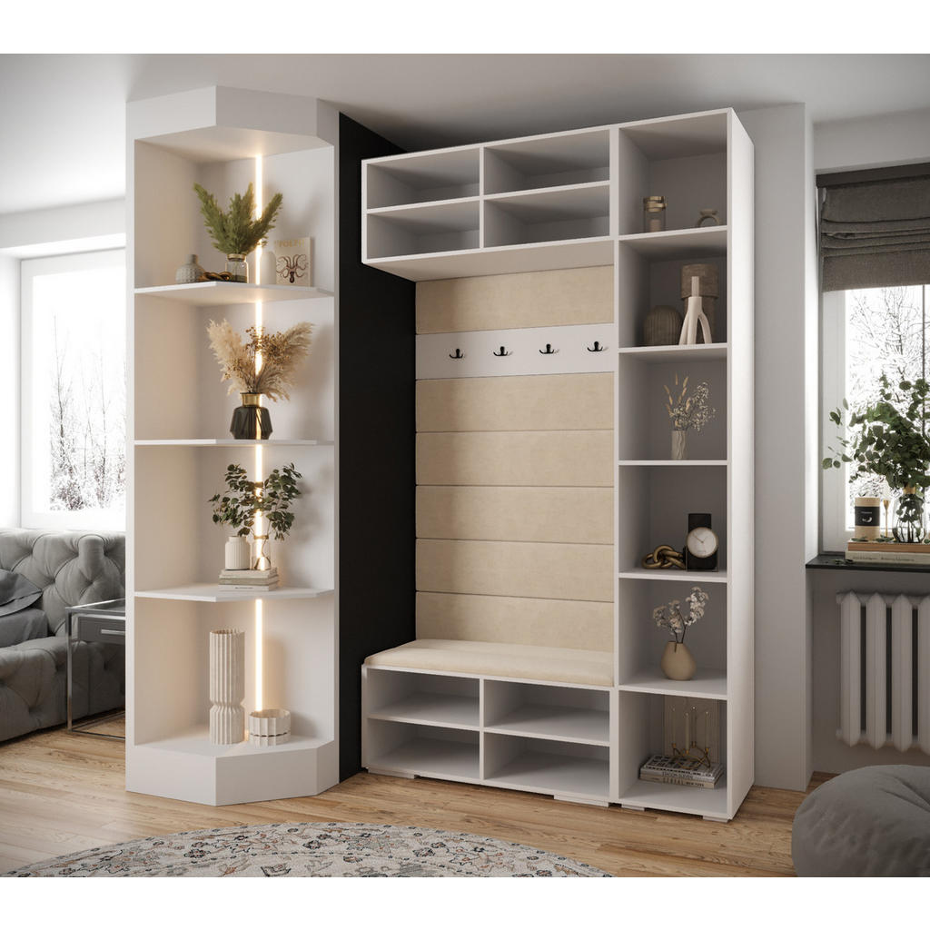 Thumbnail - Abiks Möbel Garderoben-Set, Weiß, Braun, Gold, Kunststoff, Nachbildung, 2-Sitzer, 9 Fächer, 140x236.7x47 cm, Garderobe, ...
