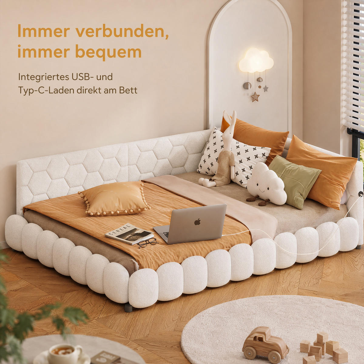 POLSTERBETT 140x200 mit USB und LED, Doppelbett 140x200 cm mit Lattenrost, Jugendbett, Samt, Weiß - Weiß, Holz/Textil (140/200cm) - GENKI LIVING