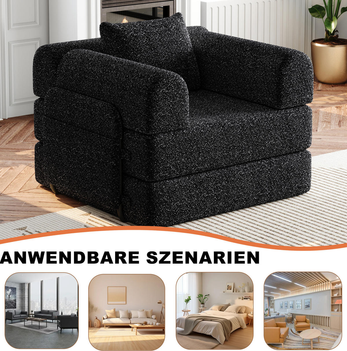 SCHLAFSOFA 2-in-1 in Schwarz – klappbar mit Armlehnen-Staufach und Chenillebezug - Schwarz, Textil (181.6/49.5/94cm) - BEAOK