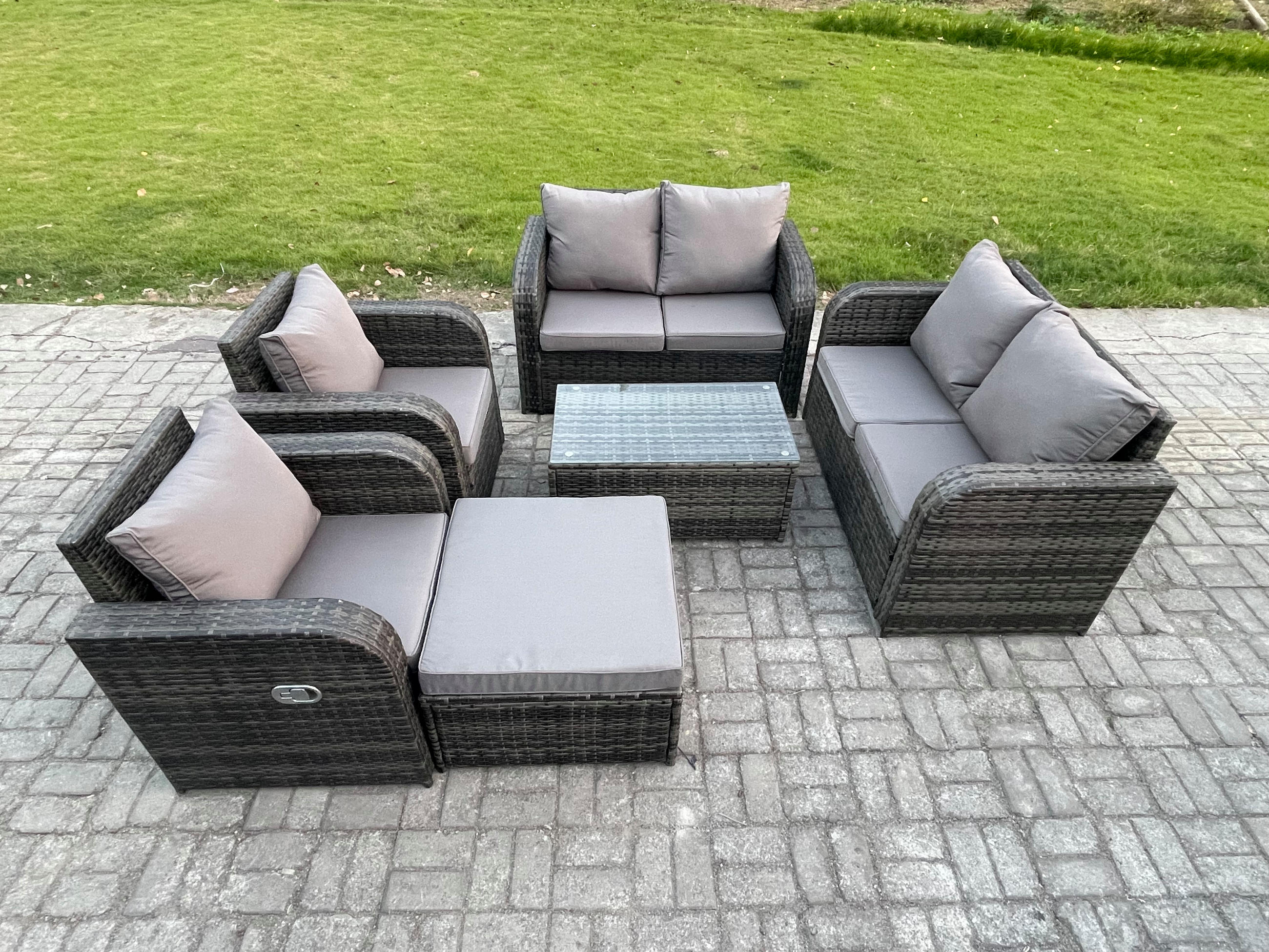 GARTENLOUNGE-SET Polyrattan Dunkelgrau 7-Sitzer - Dunkelgrau, Metall - Fimous