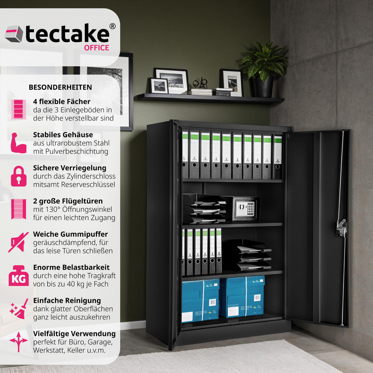AKTENSCHRANK ,140 x 90 x 40 cm,schwarz - Schwarz, Metall (90/140/40cm) - tectake