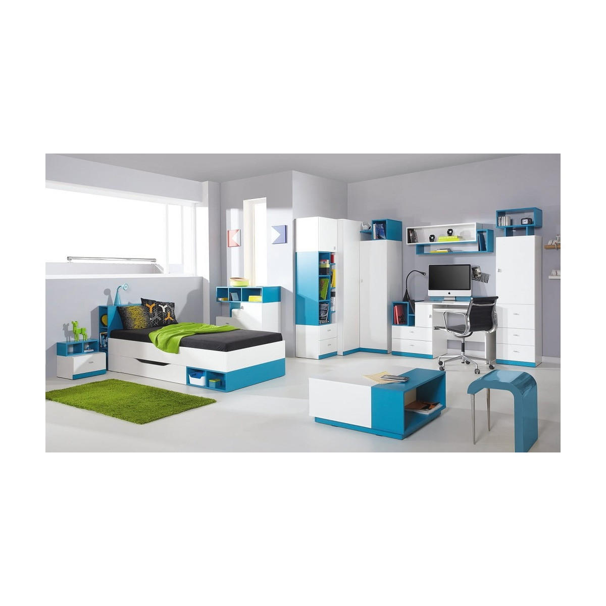 SCHLAFZIMMER Set 9-tlg. – MOBI System – Weiß / Blau - Weiß, Holzwerkstoff (95/195/95cm) - hi-markt