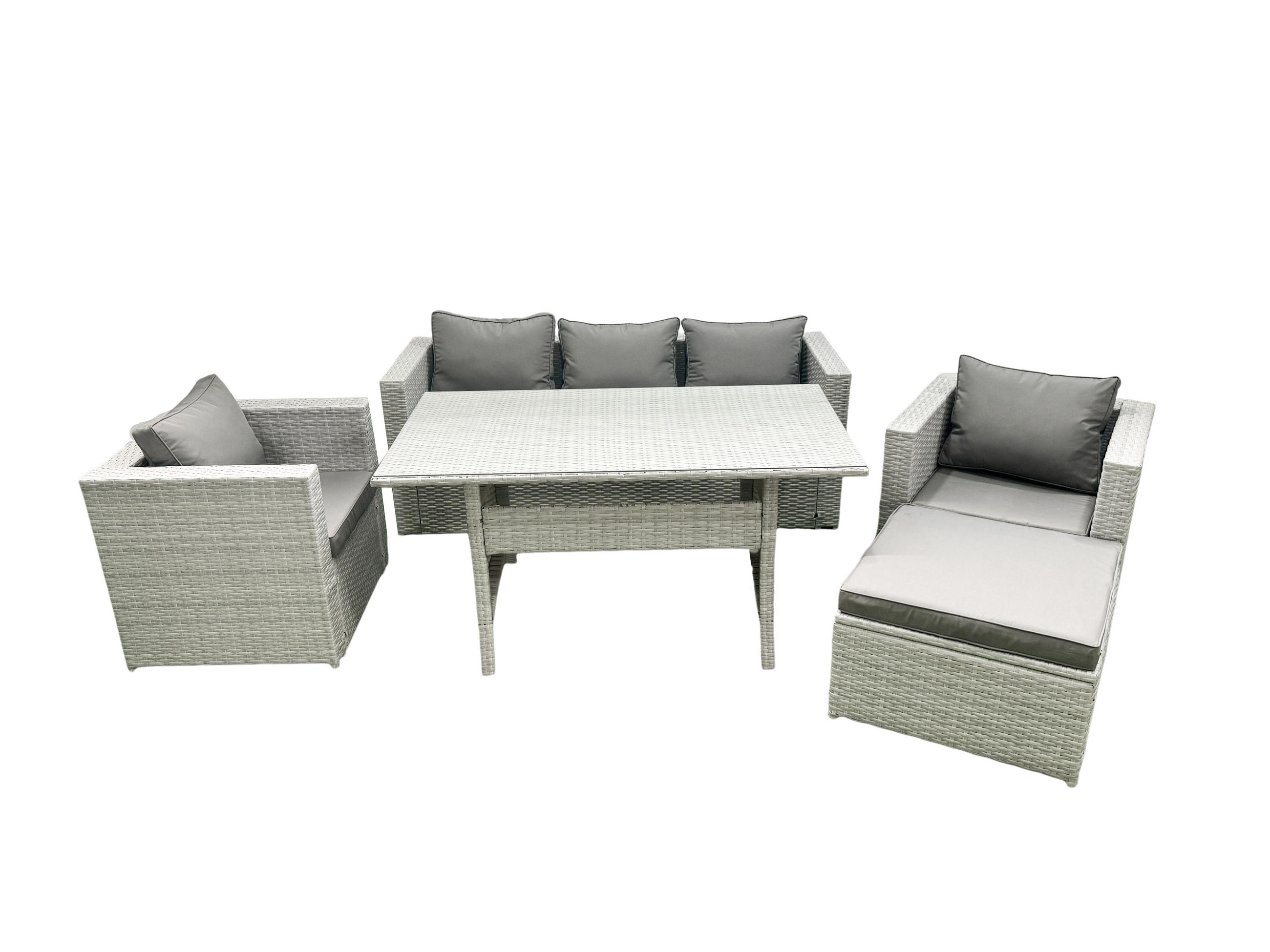 GARTENMÖBEL SET mit Sofa Polyrattan Hellgrau 6-Sitzer - Hellgrau/Grau, Glas/Kunststoff - Fimous