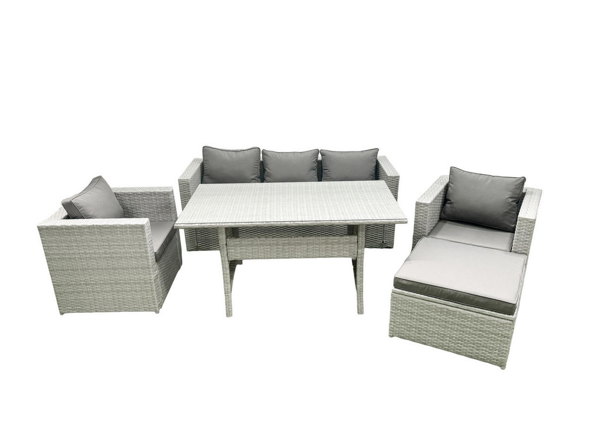 GARTENMÖBEL SET mit Sofa Polyrattan Hellgrau 6-Sitzer - Hellgrau/Grau, Glas/Kunststoff - Fimous