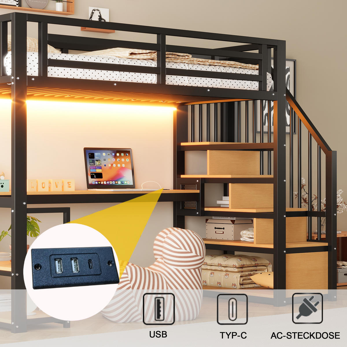HOCHBETT 90/200 cm in Schwarz mit Aufbewahrungsleiter, Regal, Tisch, LED und Steckdose Metall-Design - Schwarz, Holzwerkstoff/Metall (90/200cm) - STILVORA
