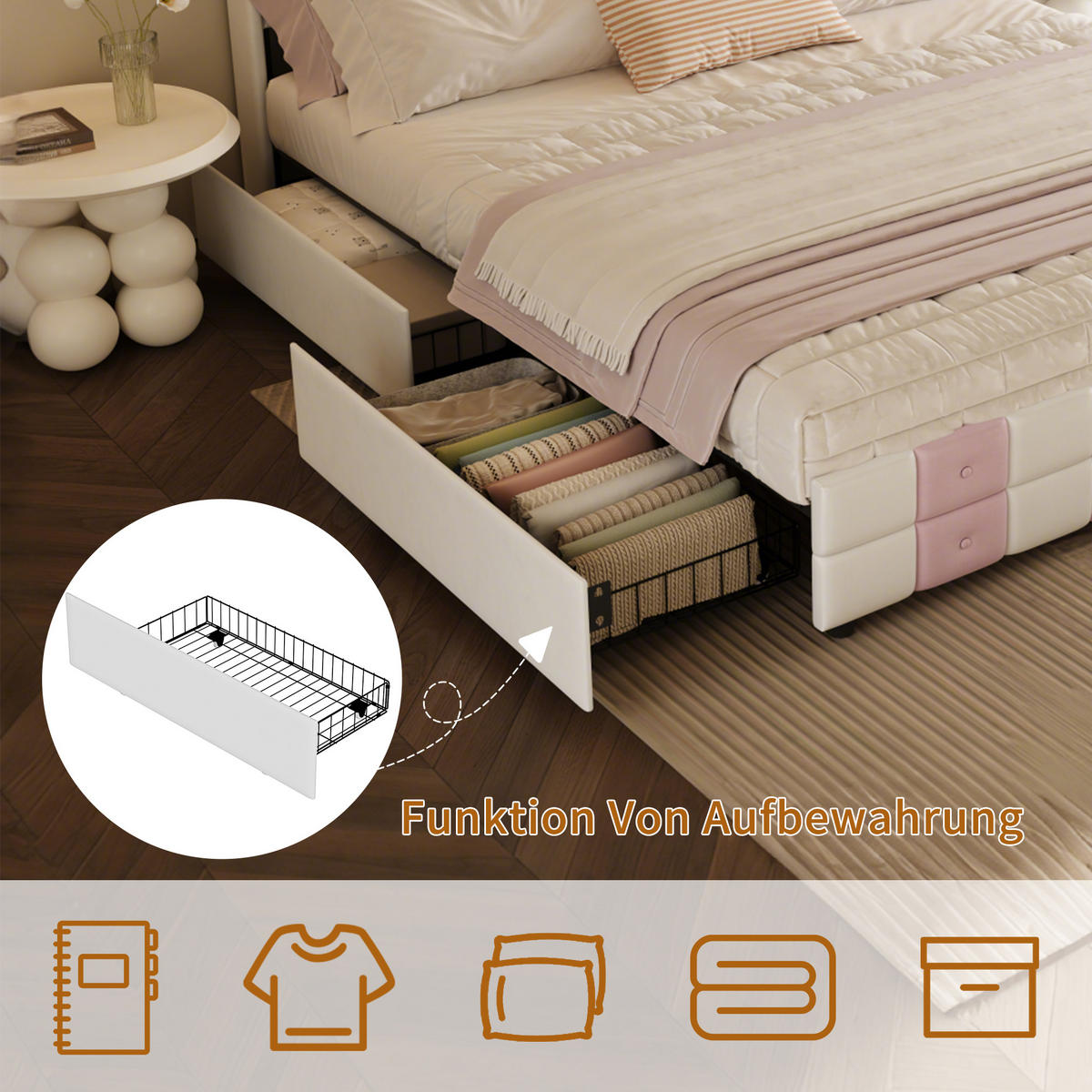 POLSTERBETT 140x200 cm Weiß Rosa Samt LED USB 4 Schubladen - Weiß, Holz (140/200cm) - SHOPENTRA