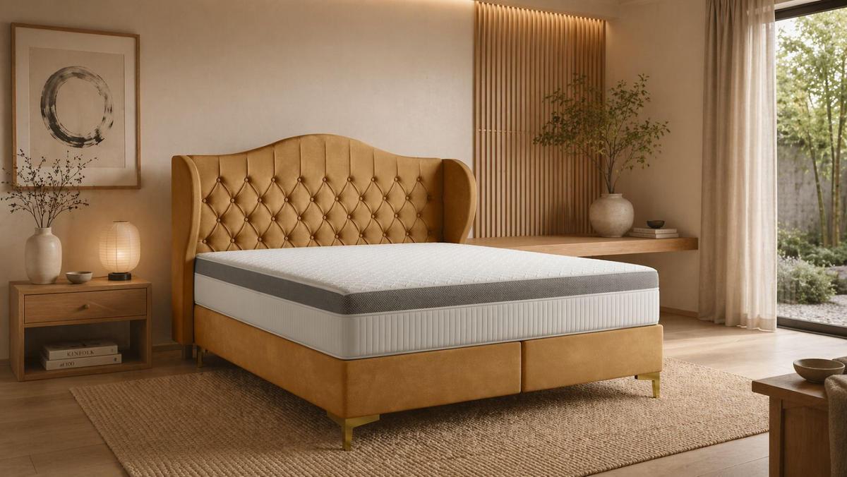 BETT mit Taschenmatratze LEGEND, Whisper-Stoff Gelb 140x200 cm - Gelb, Holz/Textil (140/200cm) - Kaiser Möbel