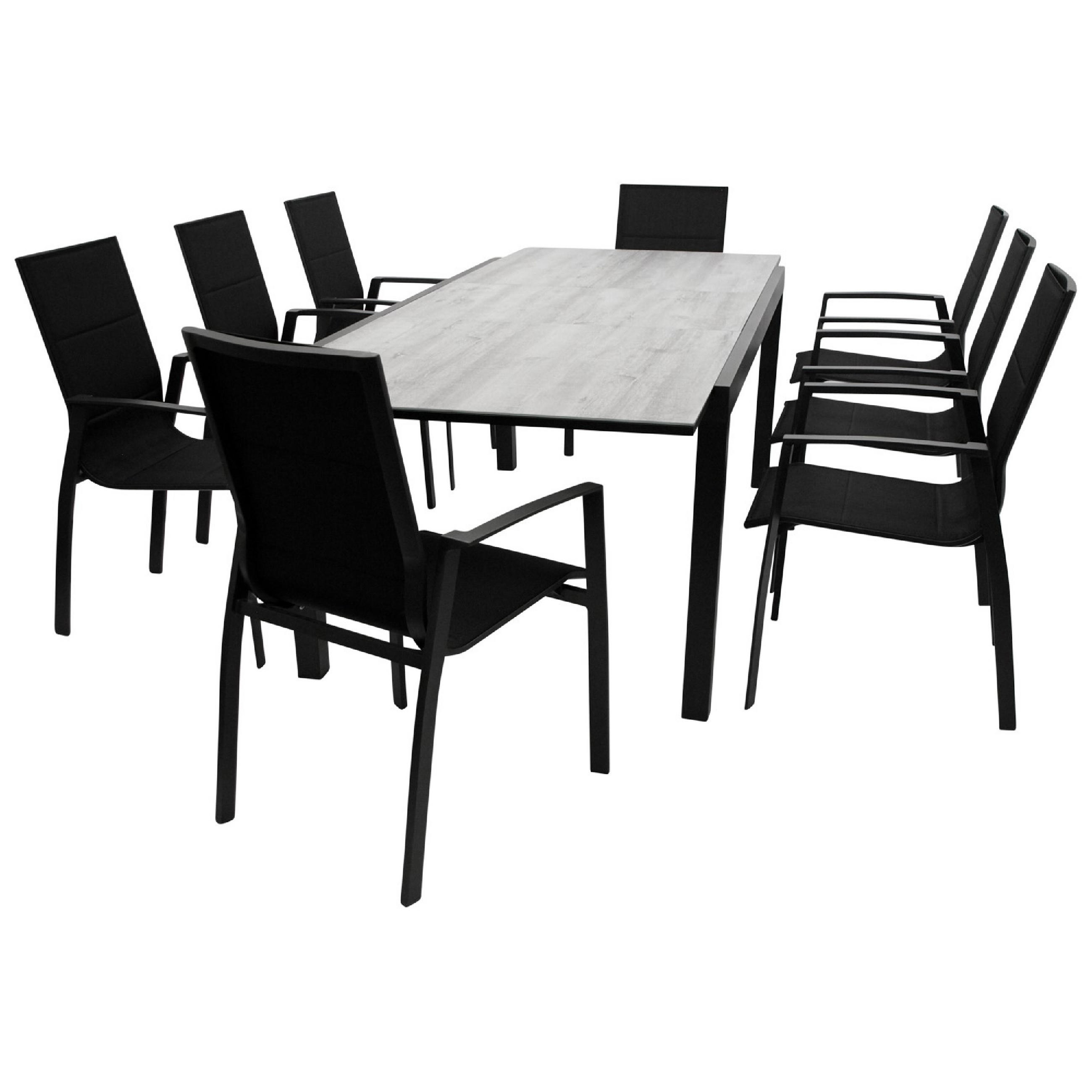GARTEN-GARNITUR Ashford - 9-teilige Garten-Essgruppe (8x Stapelsessel mit Armlehnen, 1x Ausziehtisch 180/240x100cm), Gestell Aluminium - Schwarz, Metall - TPFGarden