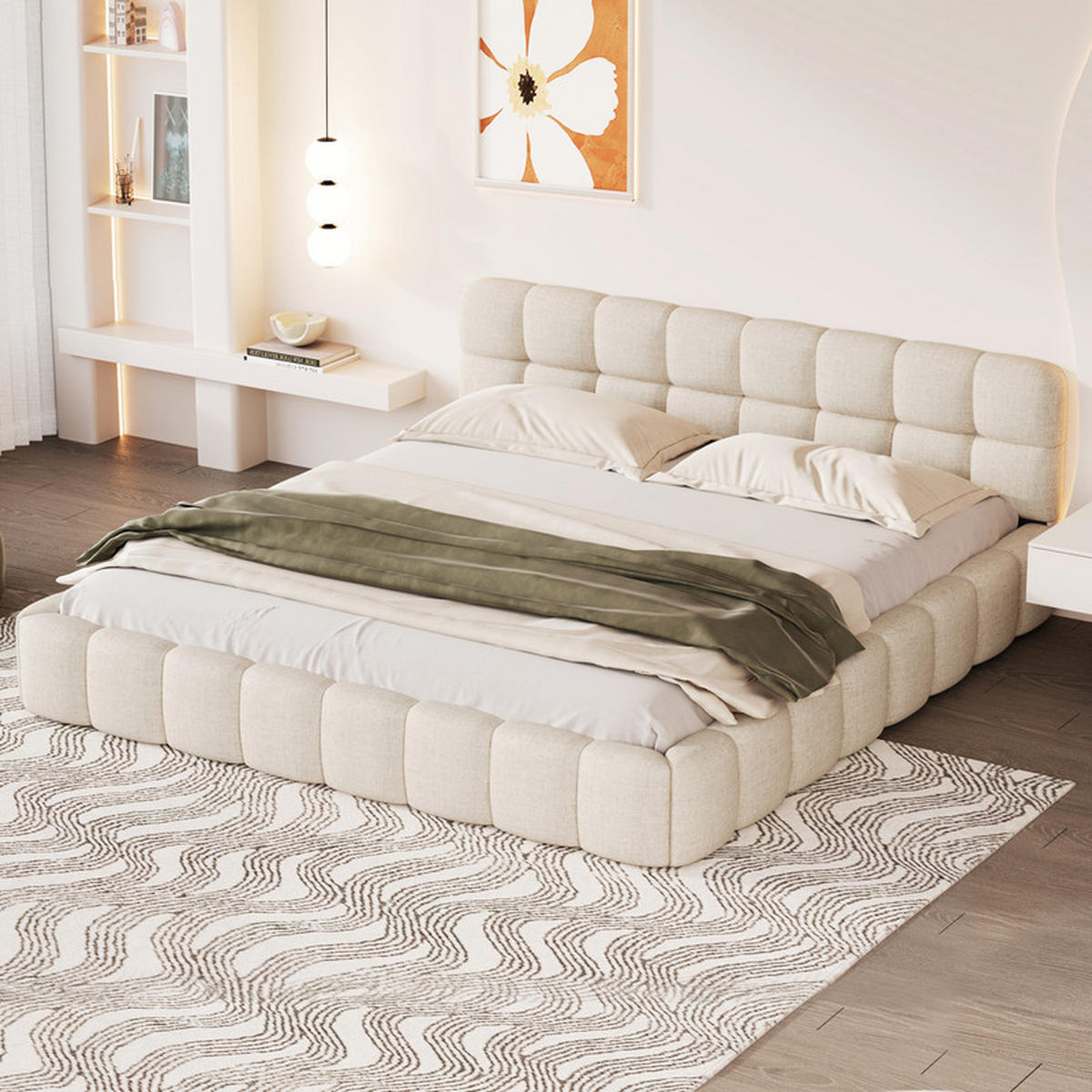 POLSTERBETT 140x190 cm, mit Lattenrost, Moderner Stil, Leinen, Beige, ohne Matratze - Beige, Holz (140/190cm) - WoodenAura