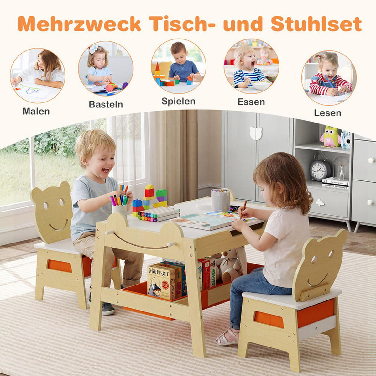 KINDERTISCH mit stuhl natur(3-tlg) - Naturfarben, Holzwerkstoff (70/50/60.5cm) - COSTWAY