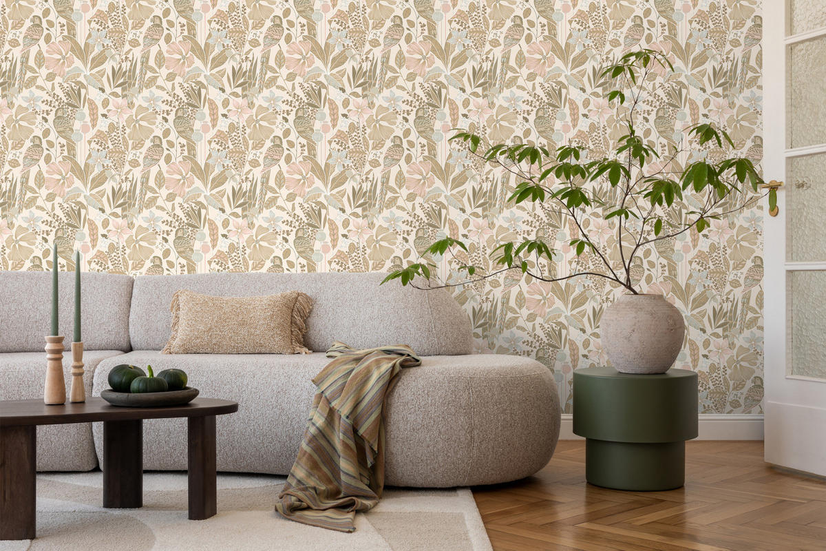 TAPETE tropischen Blumen und Paradiesvögeln 50 x 900 cm - Beige, Papier (50/900cm) - ESTAhome