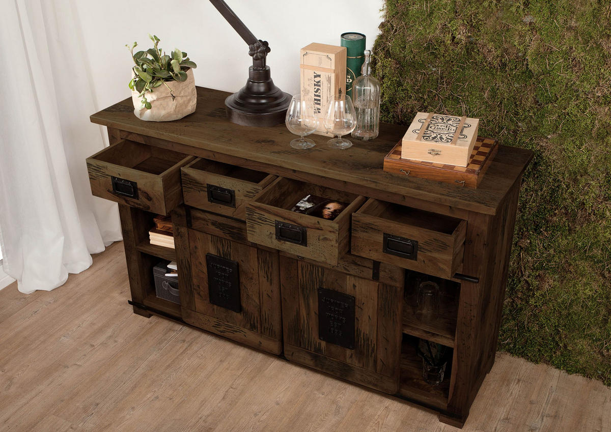 SIDEBOARD Mango 150x45x90 braun lackiert RAILWAY #419 - Braun, Holz (150/90/45cm) - Massivmoebel24