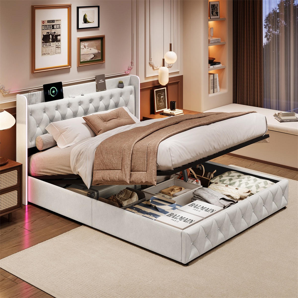 POLSTERBETT 140x200 cm - Doppelbett mit hydraulischem Stauraum und LED - ohne Matratze - Beige - Beige, Textil (140/200cm) - DELFA