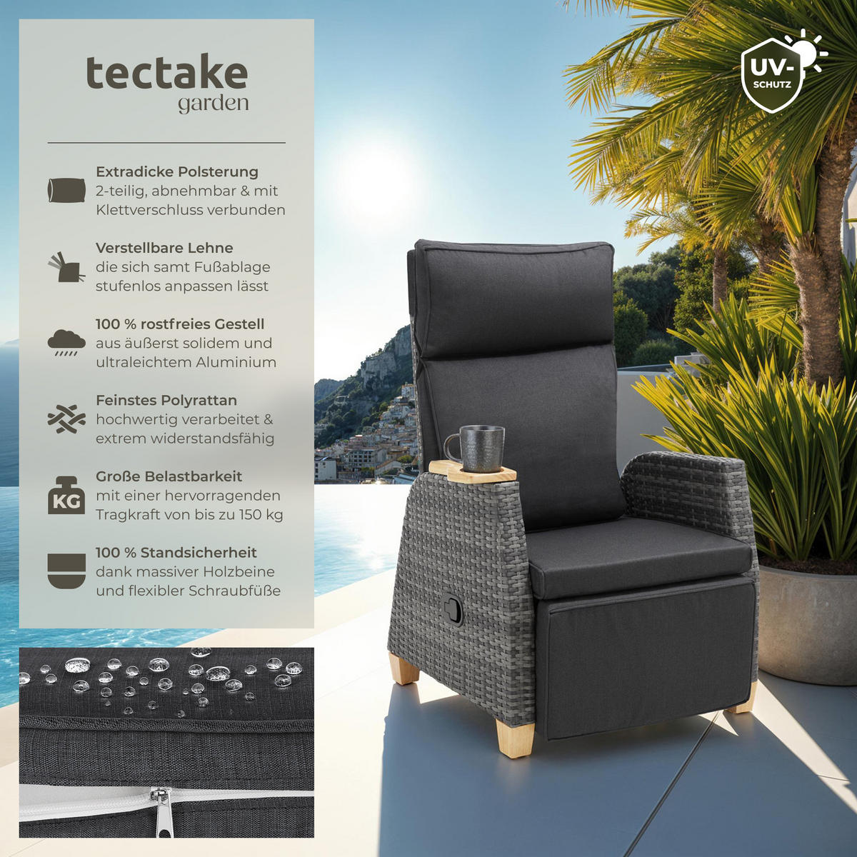 RATTANSESSEL Pescara,68,5 x 67 - 128 x 87 - 104 cm,grau - Grau, Kunststoff (68.5/104/128cm) - tectake