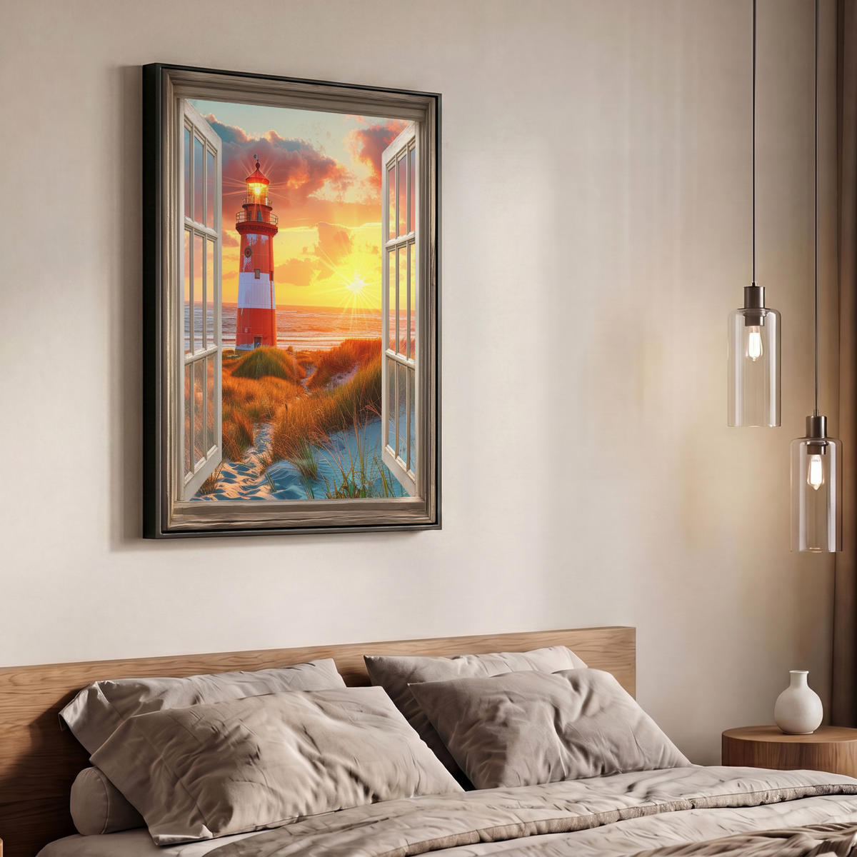 LEINWAND Bilder mit Rahmen - Aussicht - Fenster - Leuchtturm - Sonnenuntergang - Strand - 70x100 - Dunkelorange, Textil (70/100cm) - MuchoWow