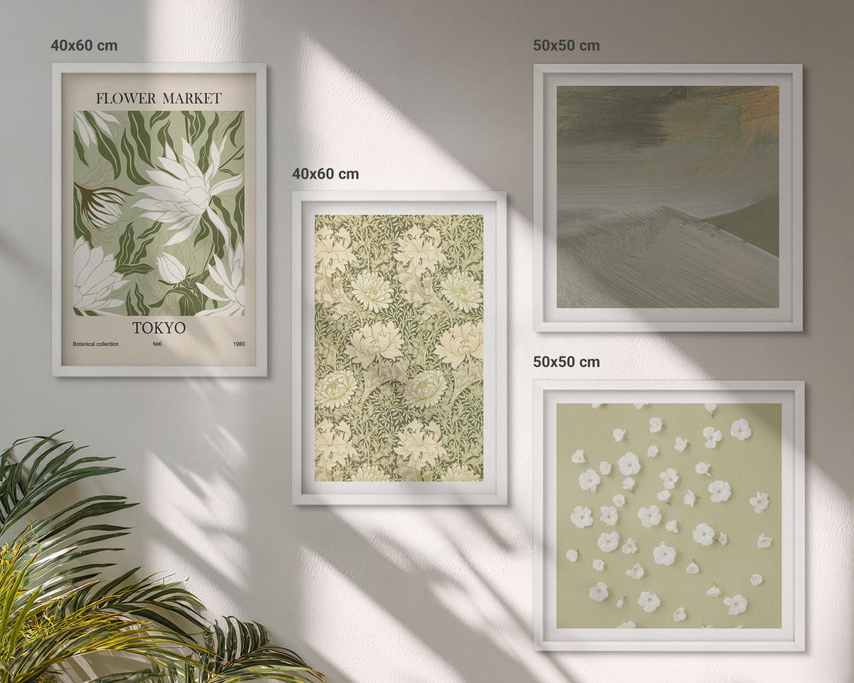 BILDER SET 4er Set - 50x50 cm & 40x60 cm Weißer Rahmen - Florale Abstraktionen im Boho-Stil - Weiß, Kunststoff (50/50cm) - TULUP