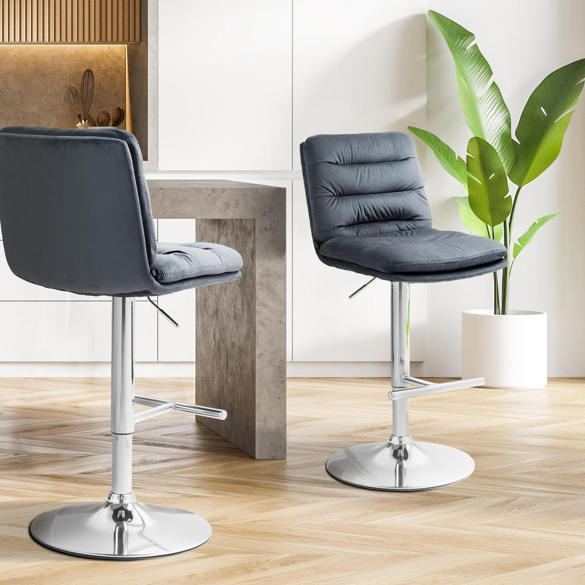 BARHOCKER 2er Set Diamant Samt chrom dunkelgrau - Chromfarben/Grau, Textil/Metall (42/116/56cm) - TPFLiving